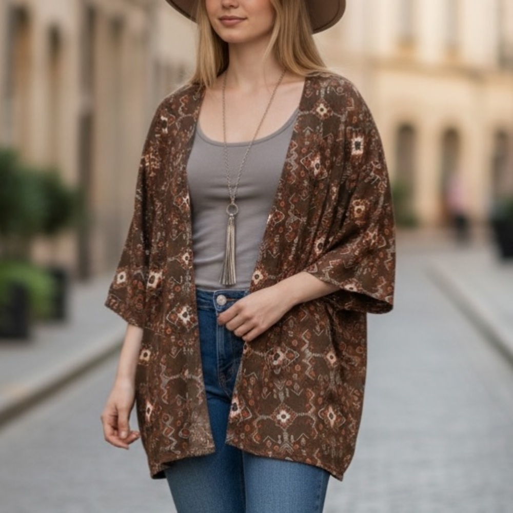 NEW•S•Boho Chic Brown Aztec Print Lindsay Kimono